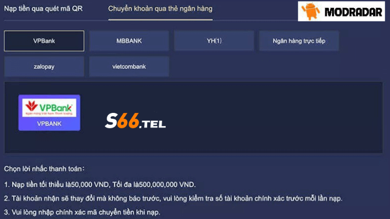 Giới hạn nạp tiền tại s66