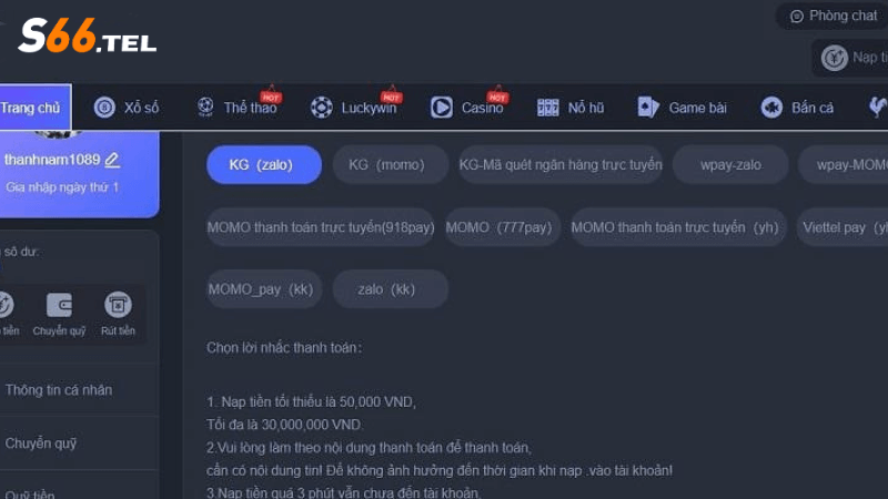 Các phương thức nạp tiền thông dụng tại s66